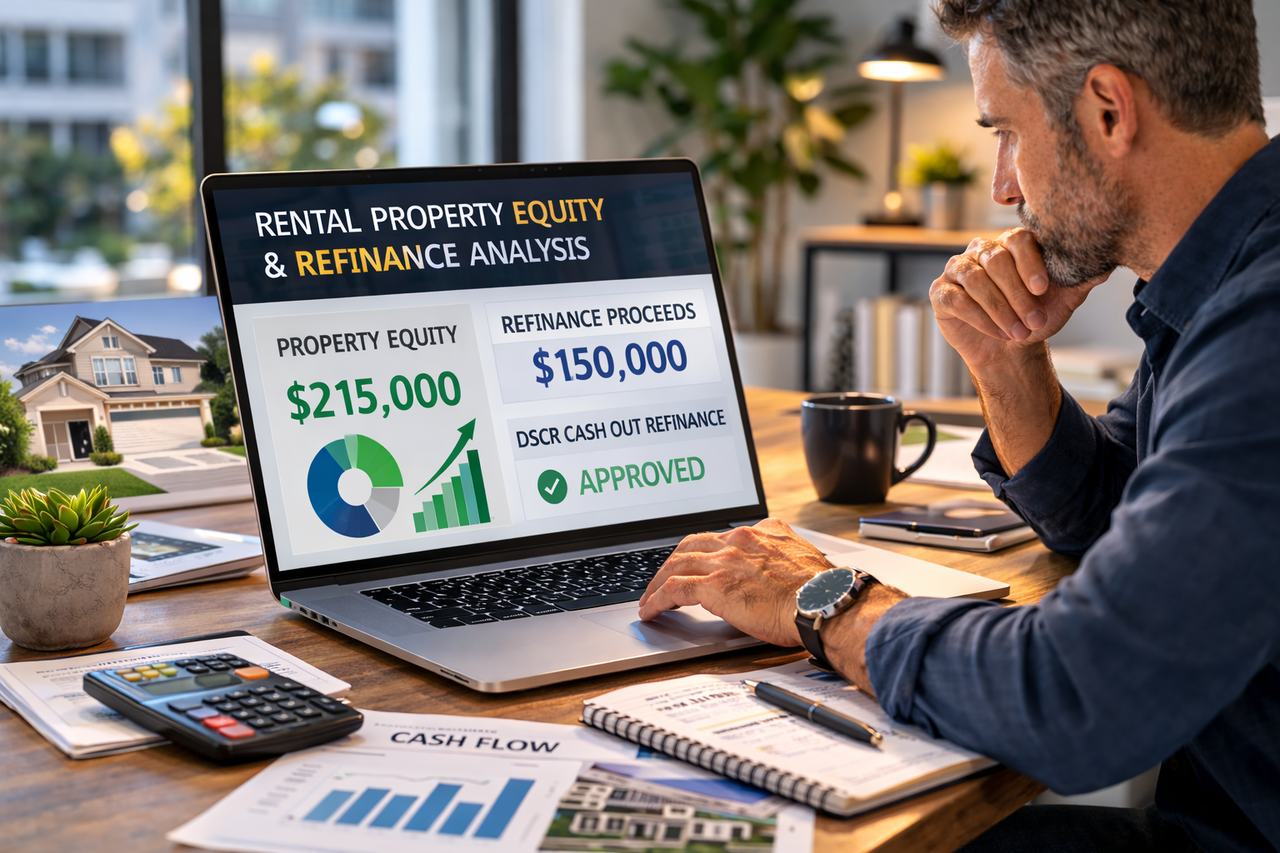 real estate investor reviewing rental property equity, refinance proceeds, and DSCR cash out refinance options on a laptop in a professional office