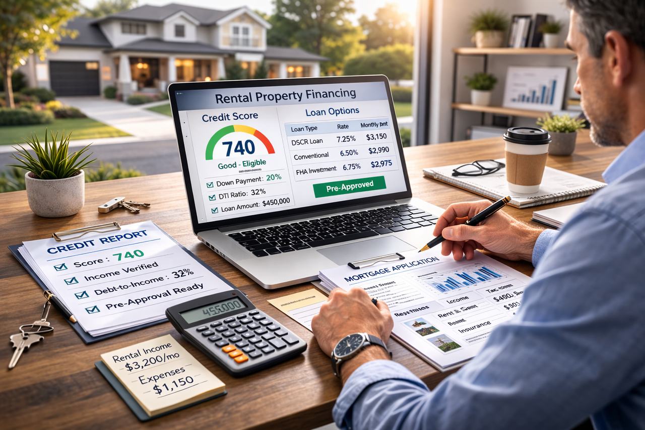 Real estate investor reviewing DSCR loan credit score requirements for an investment property