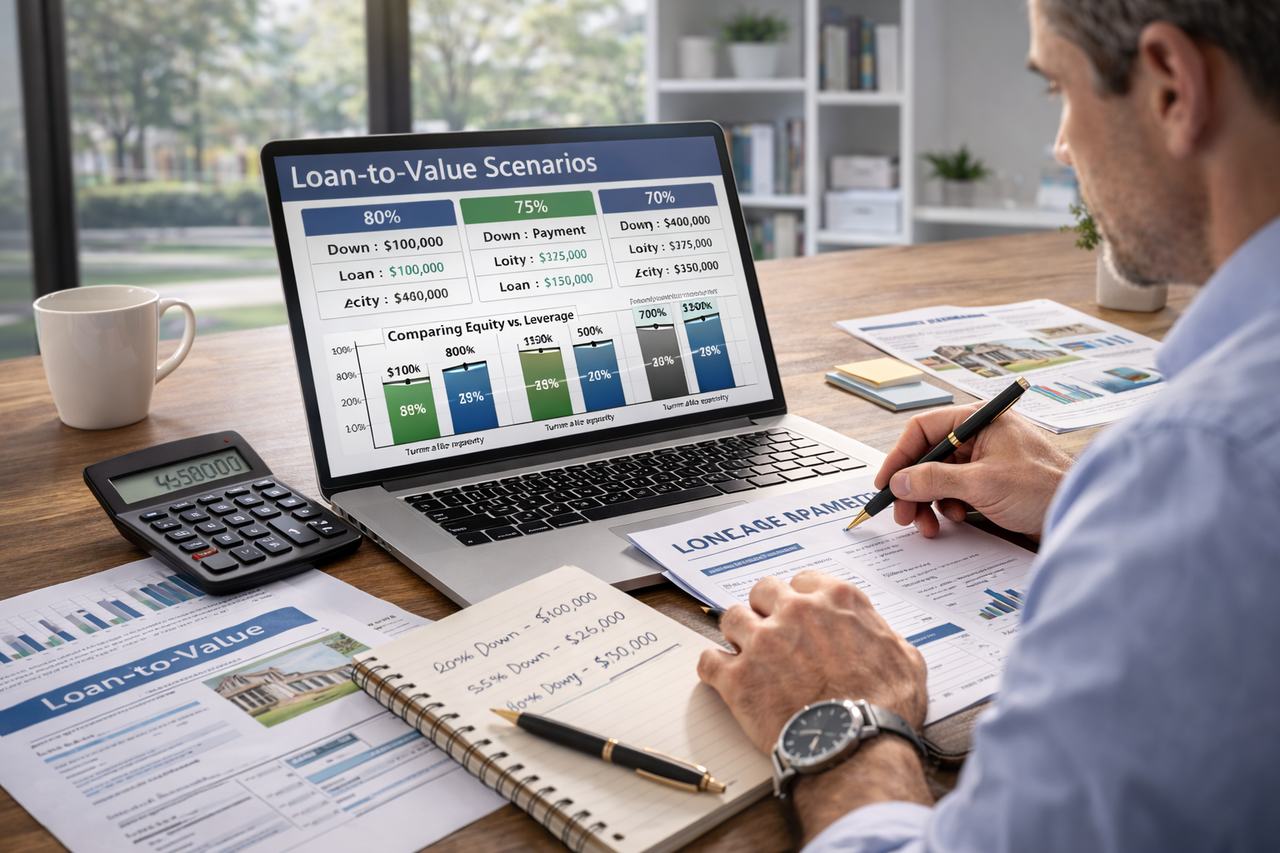 Real estate investor reviewing DSCR loan LTV limits and leverage for a rental property investment