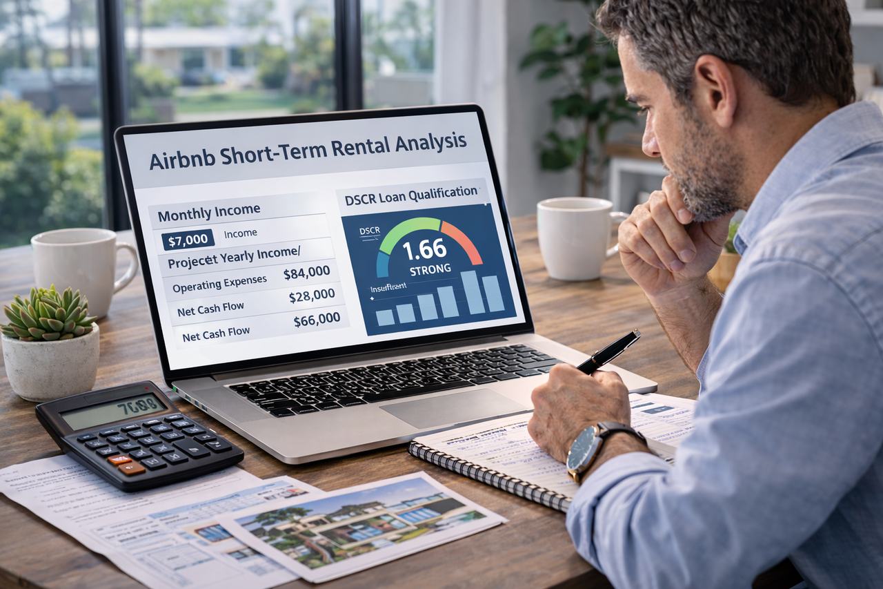 real estate investor analyzing Airbnb short term rental property income and DSCR loan qualification on a laptop in a modern workspace