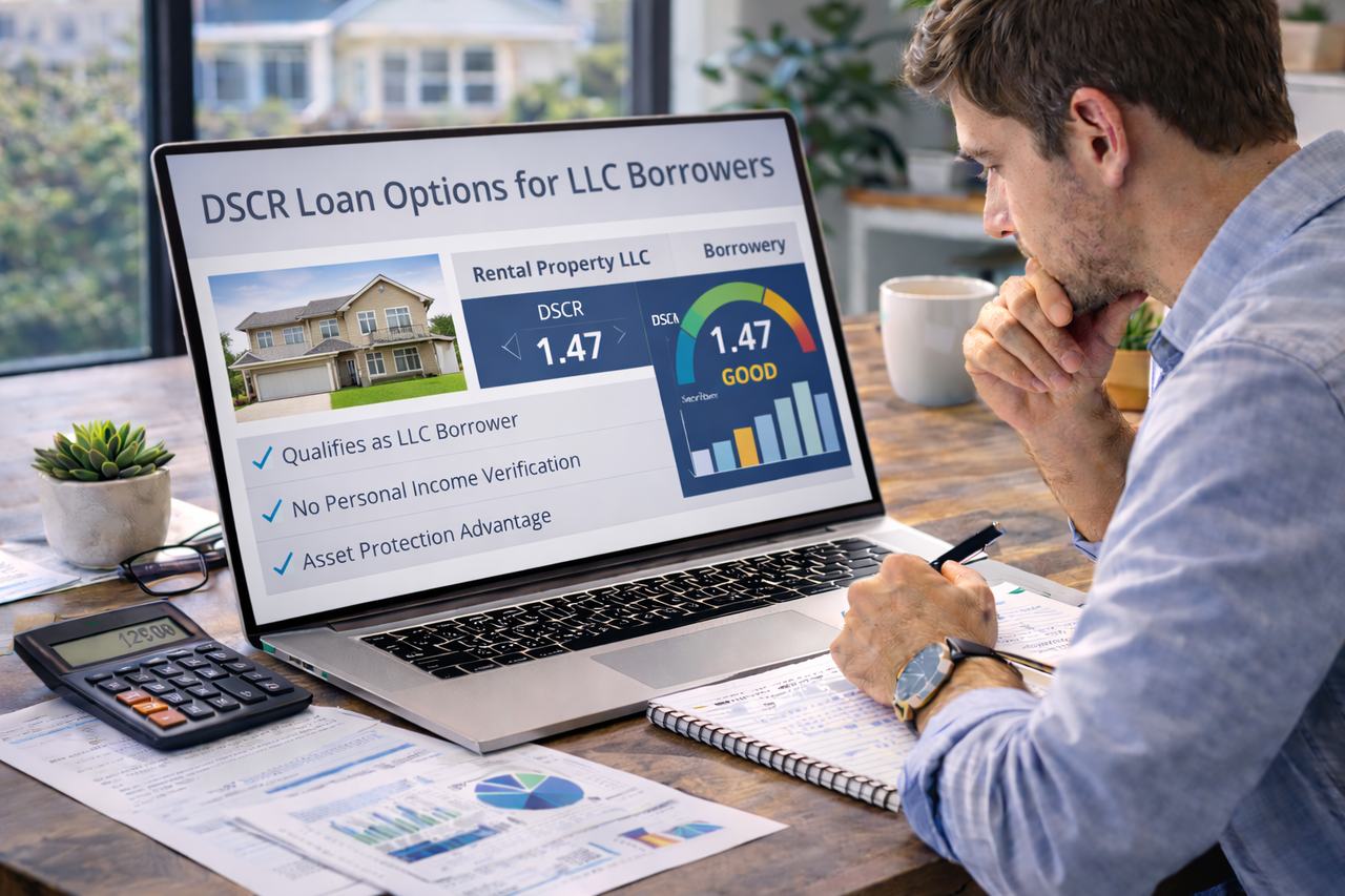 real estate investor reviewing DSCR loan options for LLC borrowers and rental property financing on a laptop in a bright professional office