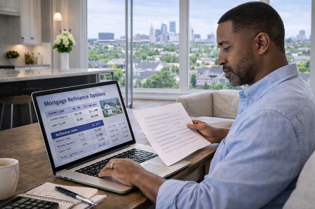 Kansas City homeowner reviewing mortgage refinance options with laptop and financial documents