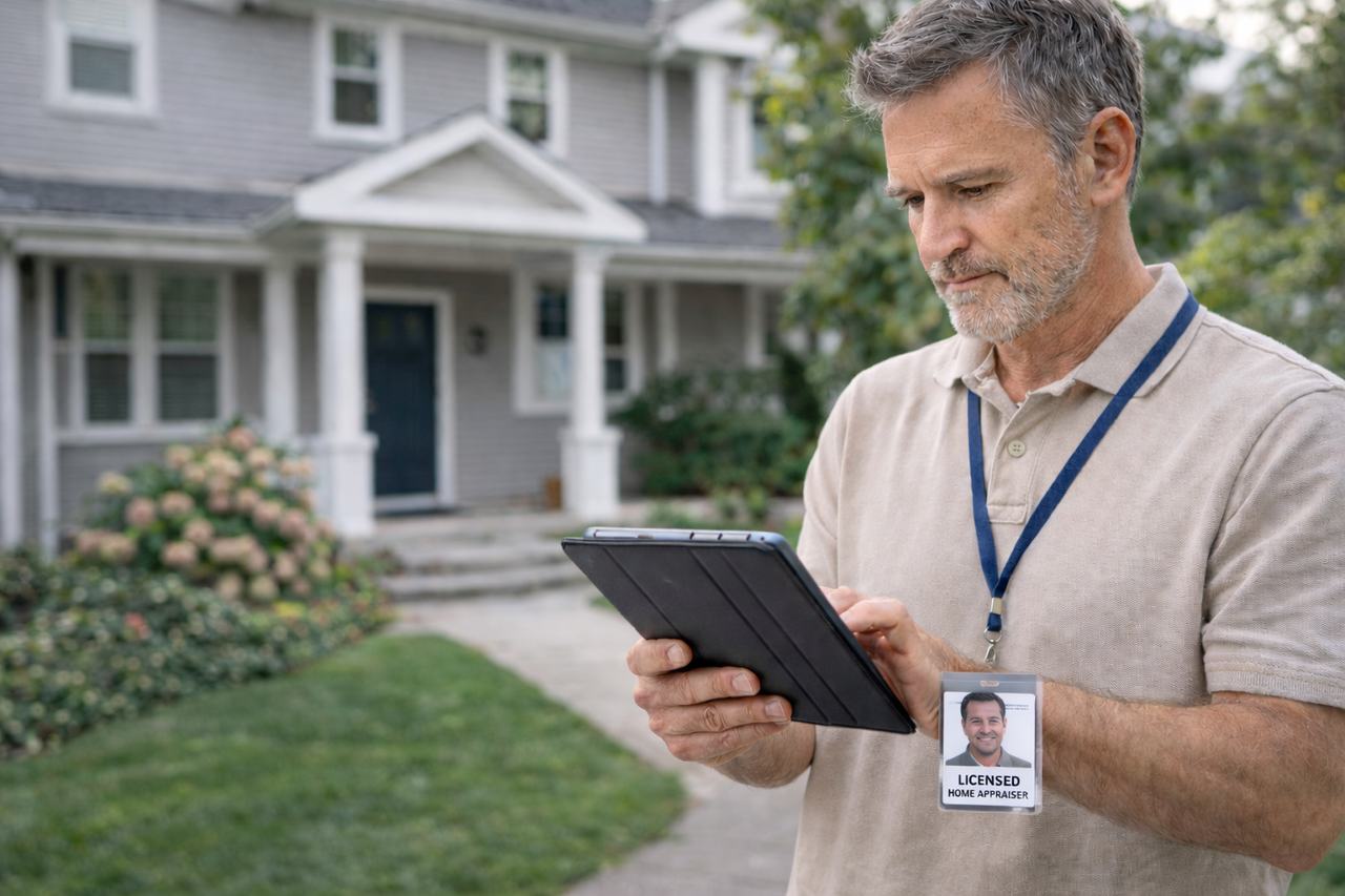 Home appraiser inspecting a property during a mortgage refinance appraisal