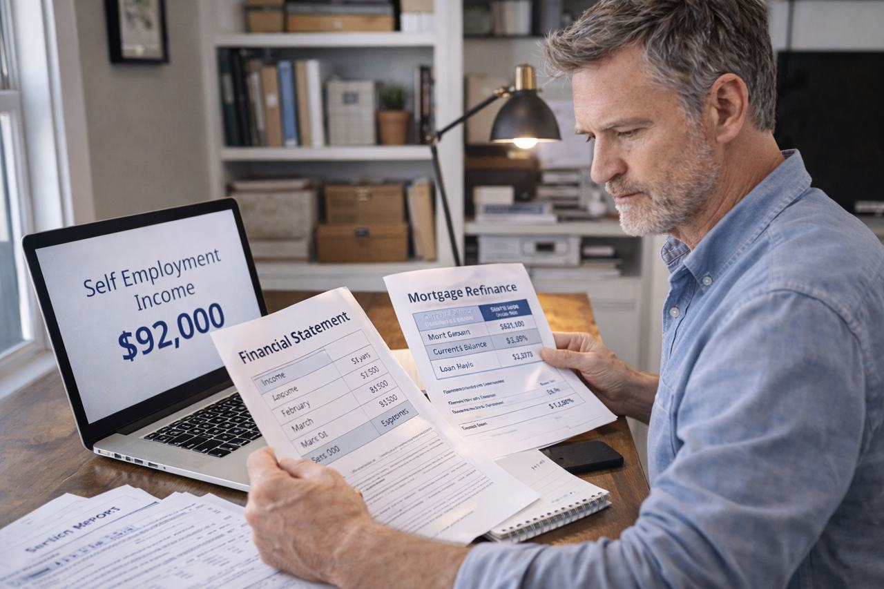 Self employed homeowner reviewing mortgage refinance options without traditional income verification