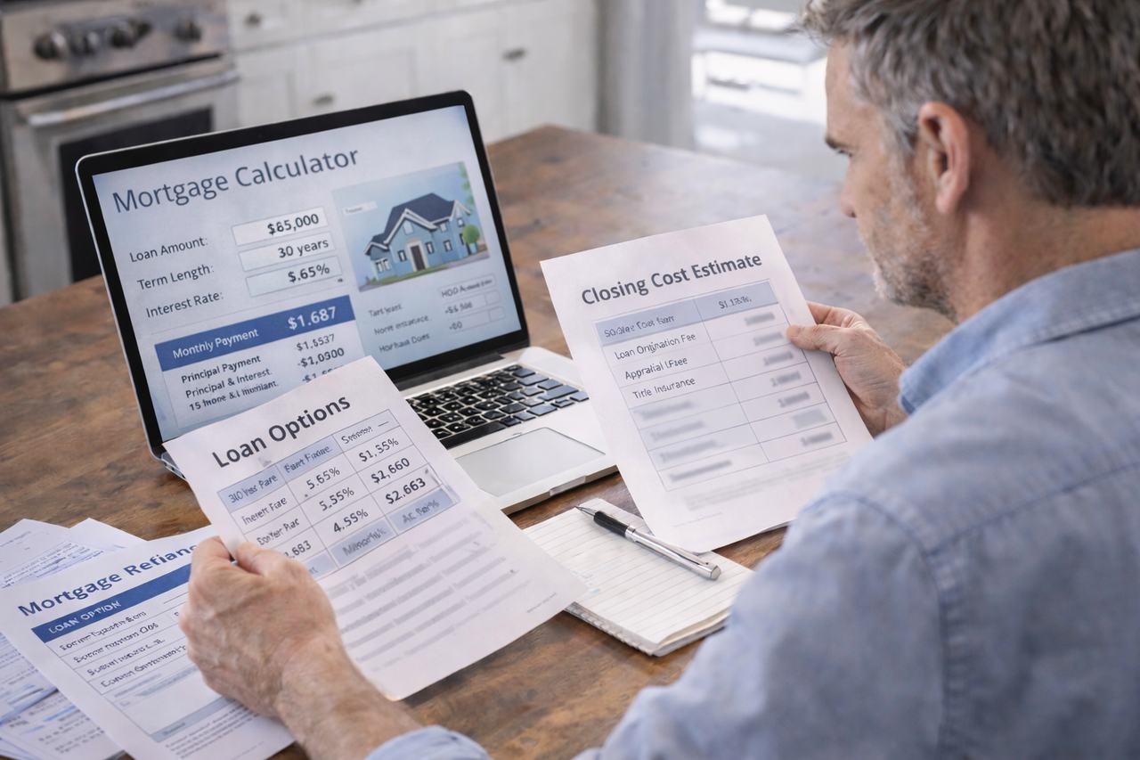 Homeowner reviewing refinance loan estimate showing lender credits to cover closing costs