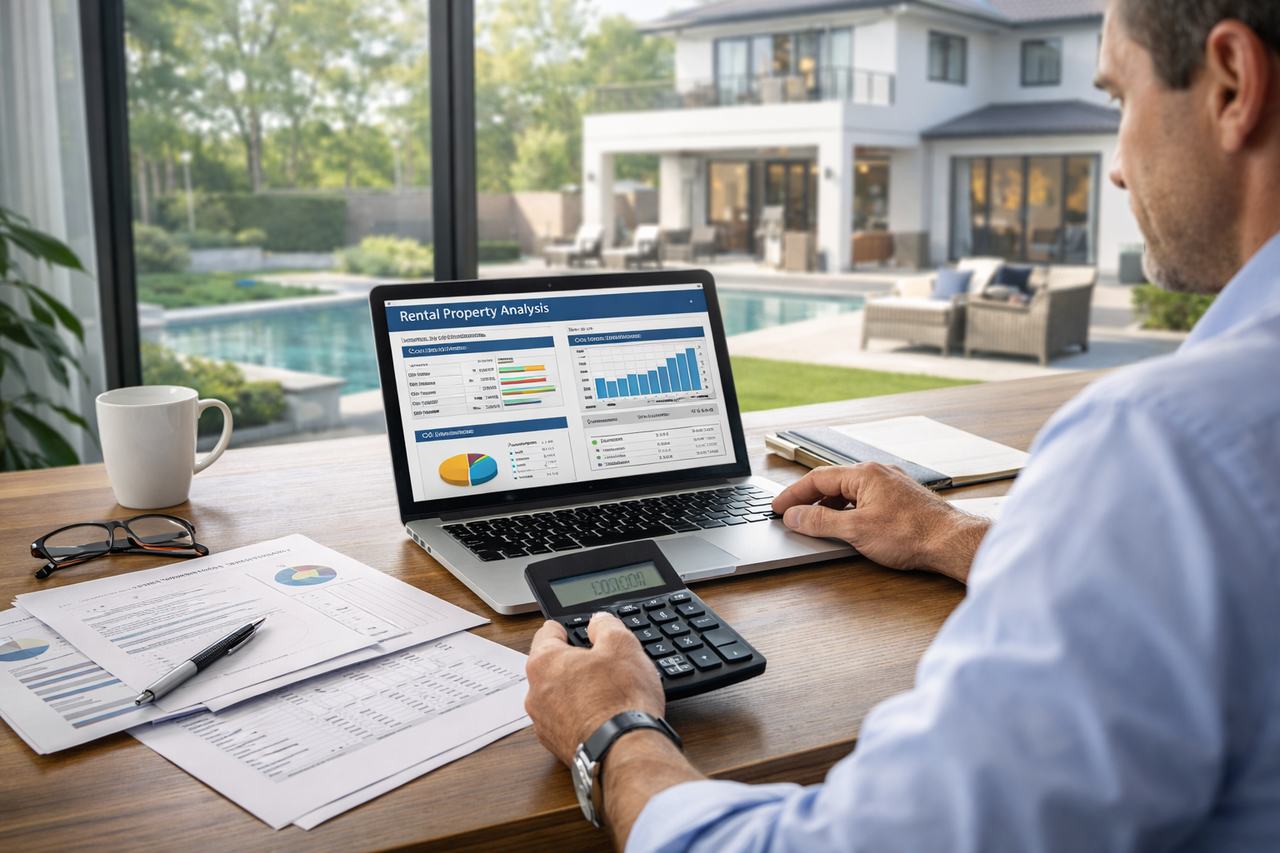real estate investor analyzing rental property cash flow and debt service coverage ratio for DSCR loan approval