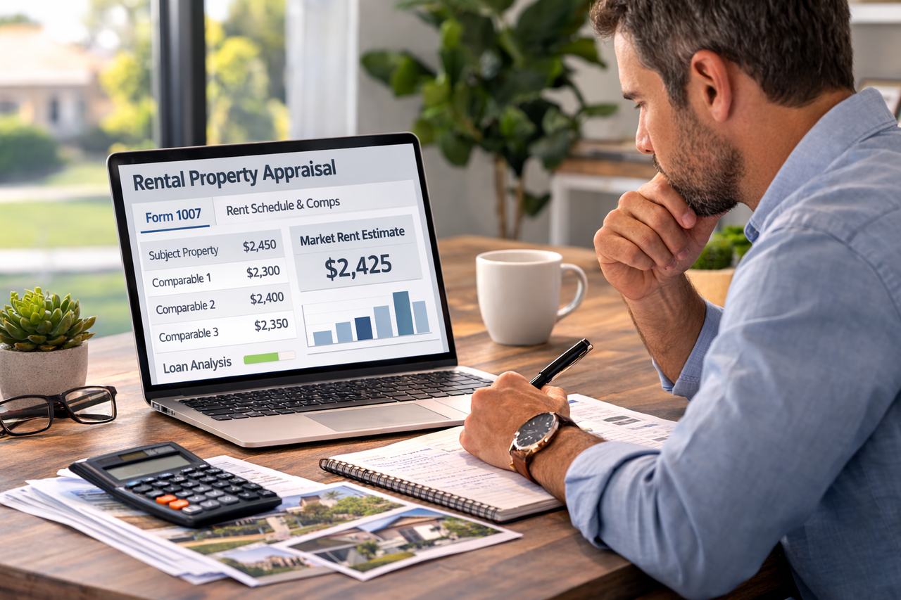 Real estate investor reviewing Form 1007 rent schedule for DSCR loan qualification